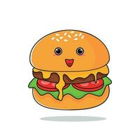Cute Melting Cheese Hamburger smiling flat food cartoon vector icon illustration