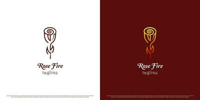 Fire rose logo design illustration. Minimalist line silhouette, simple, creative, modern, gradient, elegant, luxury, combination of beautiful roses and burning flames. vector