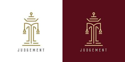 Judgment court logo design illustration. Simple flat silhouette geometric shape minimalist creative modern justice punishment judgment court. Suit for notary lawyer judge legal business icon symbol. vector