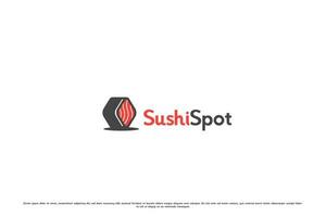 Sushi restaurante logo diseño ilustración. creativo firmar de japonés cultura comida sitio Sushi rodar wasabi cocina delicioso sabroso alimento. café Sushi Mancha sitio Tienda camarón bocadillo negocio icono. vector