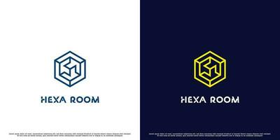 Hexagon space logo design illustration. Flat line silhouette simple abstract unique minimalist geometric creative modern hexagon shape and 3 door room pattern building home interior decoration. vector