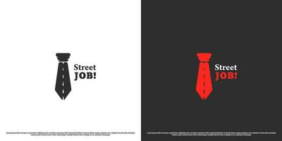 Job street logo design illustration. Flat silhouette of asphalt road combination and modern simple minimalist creative tie. Business symbol icon looking for a job corporate employee profession. vector