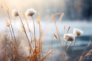 A beautiful winter landscape with a floral in the calm lake AI Generative photo