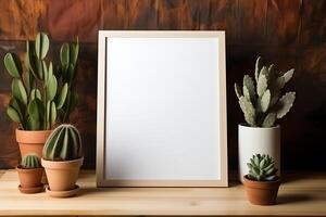 Blank picture frame on a wooden table in a modern living room Mock up photo