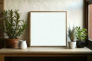 Blank picture frame on a wooden table in a modern living room Mock up AI Generative photo