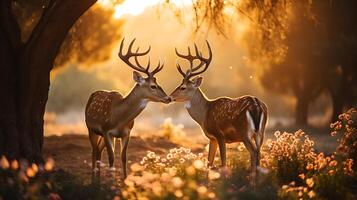 dos barbecho ciervo con cornamenta en el Mañana ligero fauna silvestre escena desde naturaleza ai generativo foto