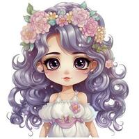 linda dibujos animados niña vistiendo un corona de flores en su pelo ai generativo foto