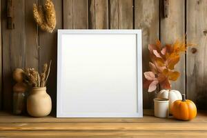 Blank picture frame on a wooden table in a modern living room Mock up AI Generative photo