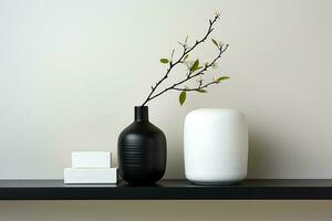 a simple house a wooden shelf with a vase of blossoming branches against a white background AI Generative photo