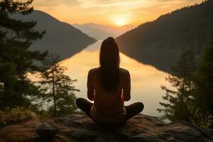 Silhouette of women practicing yoga on the lake at sunset AI Generative photo