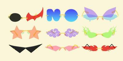 Big set of stylish colored summer accessories for sunny weather in retro style. Isolated illustrations on the background. Vector design of illustration elements