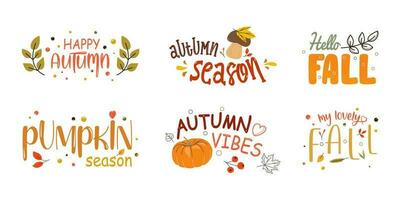 Set of autumn phrases with cozy and cute decorations Happy autumn, season, hello fall, pumpkin season, autumn vibe, my favorite autumn season. For banners, postcards, stickers, design vector