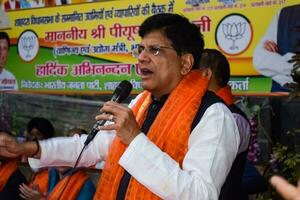 New Delhi, India - November 27 2022 - Piyush Goyal Cabinet Minister and core member of Bharatiya Janata Party - BJP during a rally in support of BJP candidate ahead of MCD local body Elections 2022 photo