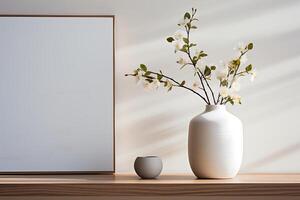 a simple house a wooden shelf with a vase of blossoming branches against a white background photo
