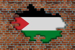 3D Flag of Palestine behind the broken old stone wall background. photo