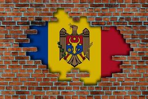 3D Flag of Moldova behind the broken old stone wall background. photo