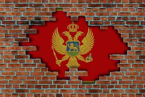 3D Flag of Montenegro behind the broken old stone wall background. photo