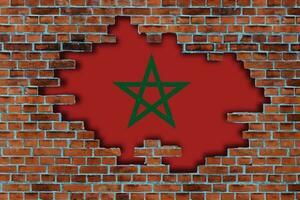 3D Flag of Morocco behind the broken old stone wall background. photo