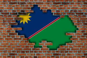 3D Flag of Namibia behind the broken old stone wall background. photo