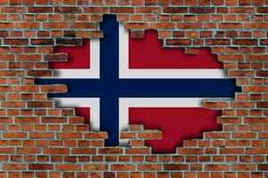 3D Flag of Norway behind the broken old stone wall background. photo