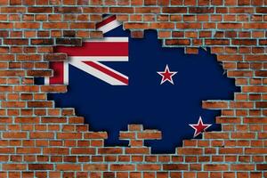 3D Flag of New Zealand behind the broken old stone wall background. photo