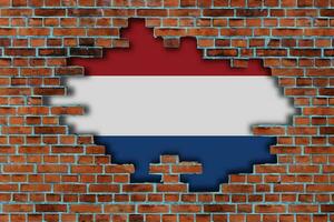 3d bandera de Holanda detrás el roto antiguo Roca pared antecedentes. foto