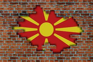 3D Flag of North Macedonia behind the broken old stone wall background. photo