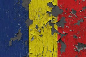 3D Flag of Romania on an old stone wall background. photo