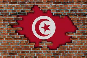 3D Flag of Tunisia behind the broken old stone wall background. photo