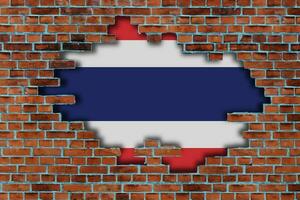 3D Flag of Thailand behind the broken old stone wall background. photo