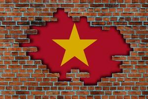 3D Flag of Vietnam behind the broken old stone wall background. photo