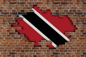 3D Flag of Trinidad and Tobago behind the broken old stone wall background. photo