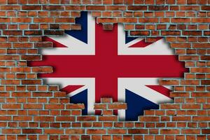 3D Flag of United Kingdom behind the broken old stone wall background. photo