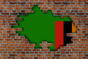 3D Flag of Zambia behind the broken old stone wall background. photo