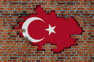 3D Flag of Turkiye behind the broken old stone wall background. photo