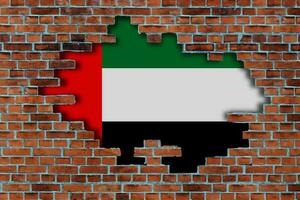3d bandera de unido árabe emiratos detrás el roto antiguo Roca pared antecedentes. foto