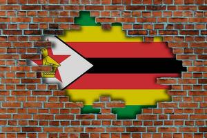 3D Flag of Zimbabwe behind the broken old stone wall background. photo