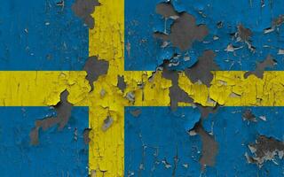 3D Flag of Sweden on an old stone wall background. photo