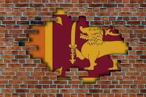 3D Flag of Sri Lanka behind the broken old stone wall background. photo