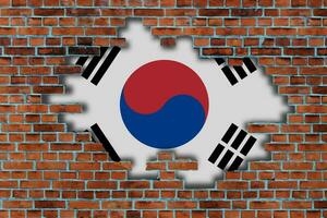 3D Flag of South Korea behind the broken old stone wall background. photo