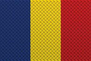 3D Flag of Romania on a metal wall background. photo