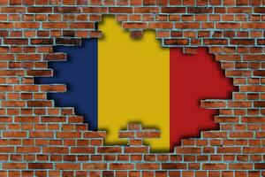 3D Flag of Romania behind the broken old stone wall background. photo