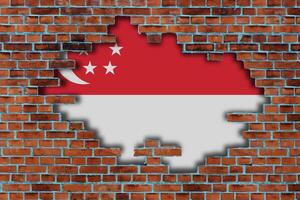 3D Flag of Singapore behind the broken old stone wall background. photo