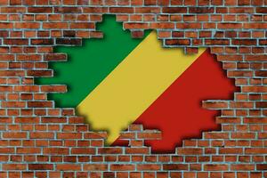 3D Flag of Republic of the Congo behind the broken old stone wall background. photo