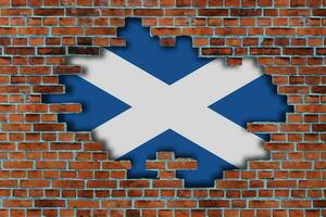 3D Flag of Scotland behind the broken old stone wall background. photo