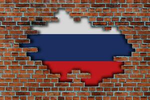 3D Flag of Russia behind the broken old stone wall background. photo