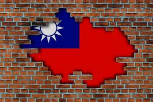 3D Flag of Republic of China behind the broken old stone wall background. photo