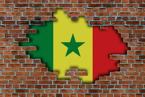 3D Flag of Senegal behind the broken old stone wall background. photo