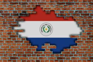 3D Flag of Paraguay behind the broken old stone wall background. photo