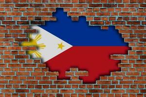 3D Flag of Philippines behind the broken old stone wall background. photo